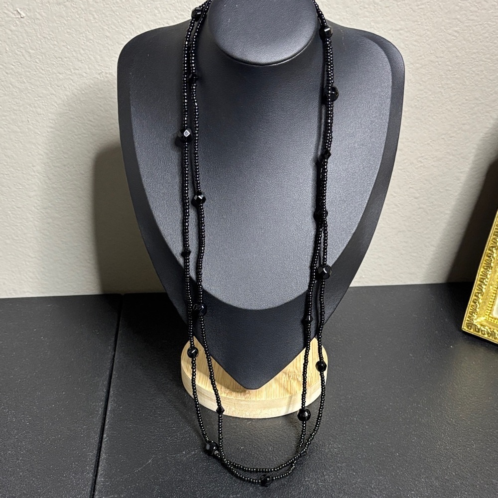 Long Elegant Doubled Chic Black Beaded Necklace